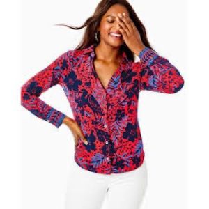 NWT LILLY PULITZER CHILLY LILLY MARLENA BUTTON DOWN ENGINEERED HERON ON MY OWN L